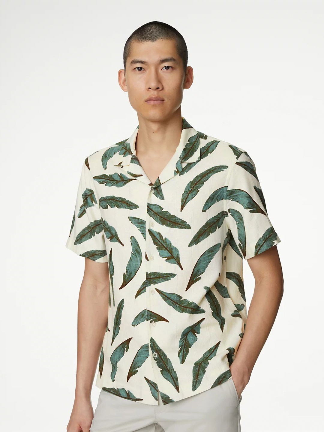 

Marks & Spencer Tropical Printed Cuban Collar Casual Shirt, Off white