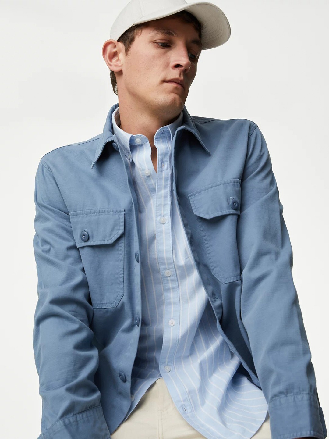 

Marks & Spencer Vertical Striped Spread Collar Oxford Pure Cotton Casual Shacket, Blue