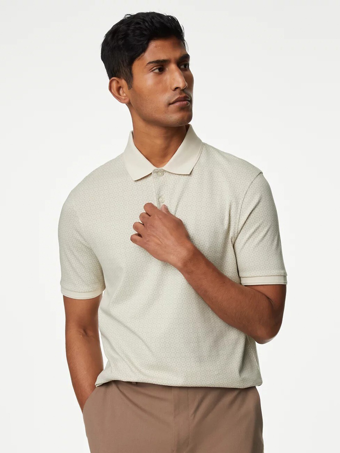 

Marks & Spencer Floral Printed Polo Collar Pure Supima Cotton T-shirt, Off white