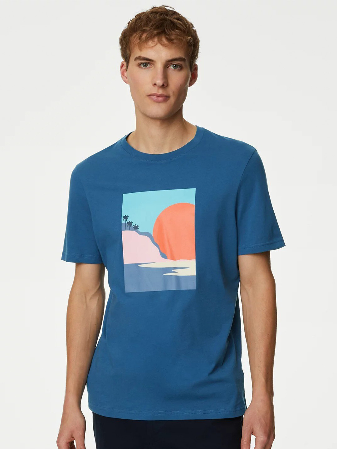 

Marks & Spencer Round Neck Printed Cotton T-shirt, Blue