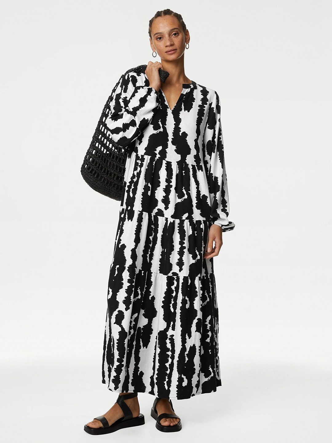 

Marks & Spencer Abstract Printed Mandarin Collar Puff Sleeve A-Line Maxi Dress, Black