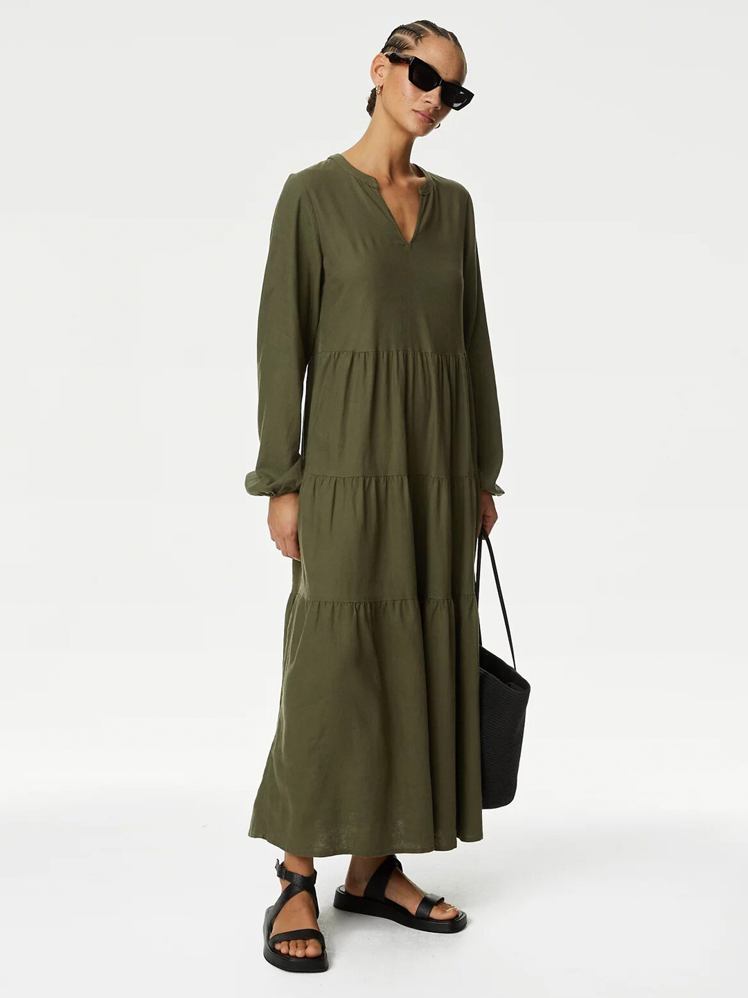 

Marks & Spencer Mandarin Collar Tiered Maxi Dress, Green
