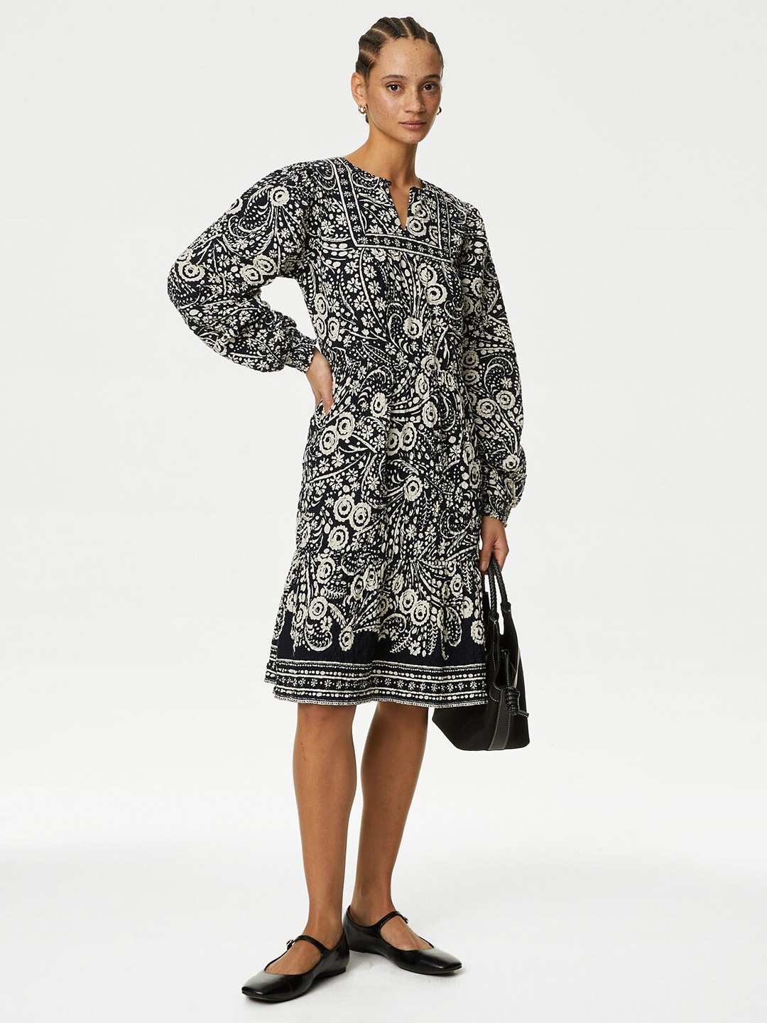 

Marks & Spencer Floral Printed Puff Sleeve A-Line Knee Length Dress, Black