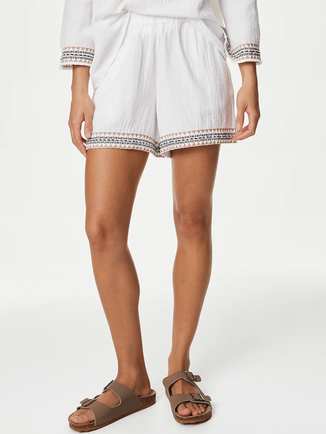 

Marks & Spencer Women High-Rise Embroidered Pure Cotton Shorts, White