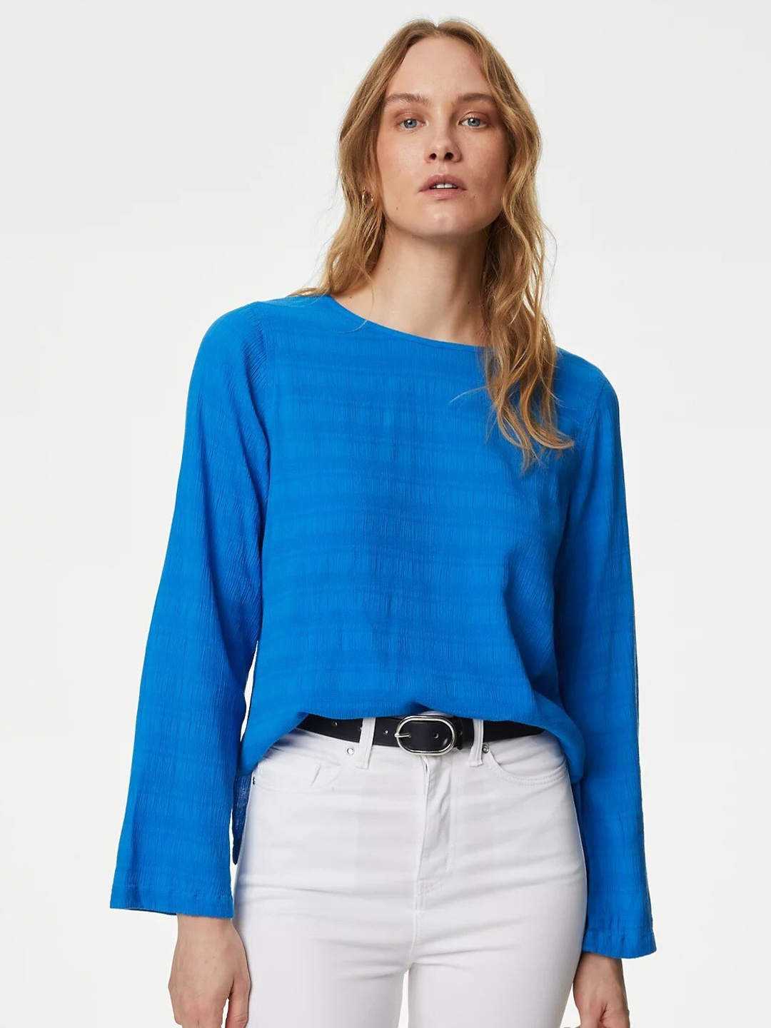 

Marks & Spencer Self Design Long Sleeves Casual Top, Blue