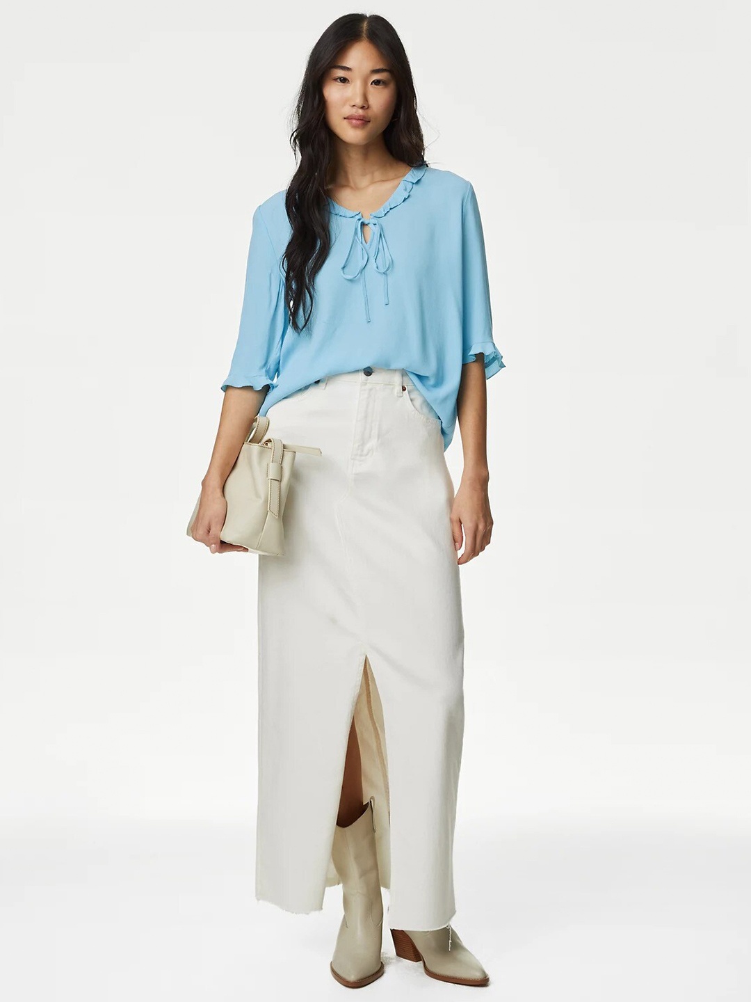 

Marks & Spencer Tie-Up Neck Bell Sleeves Top, Turquoise blue
