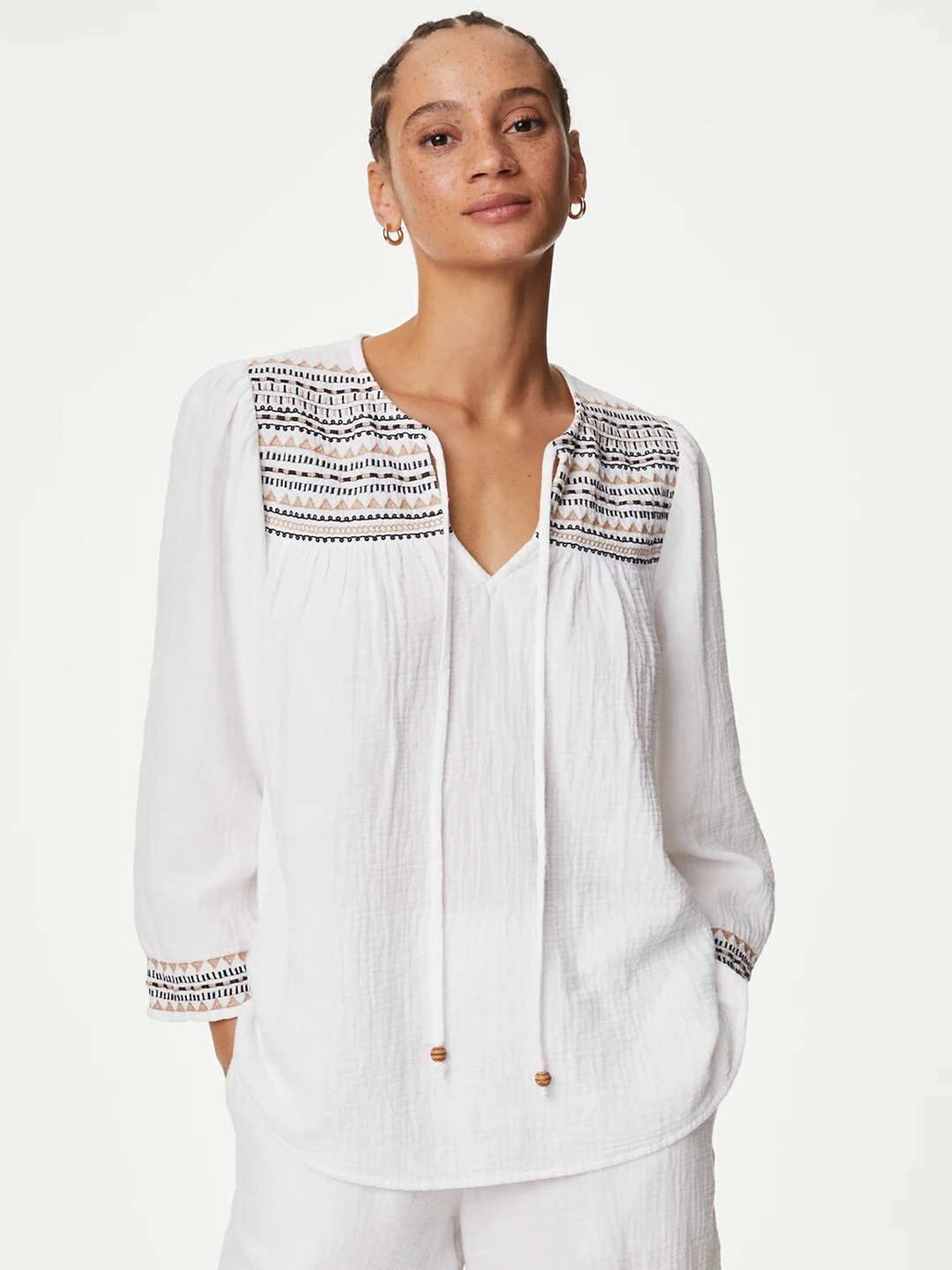 

Marks & Spencer Geometric Printed Tie-Up Neck Cotton Top, Off white