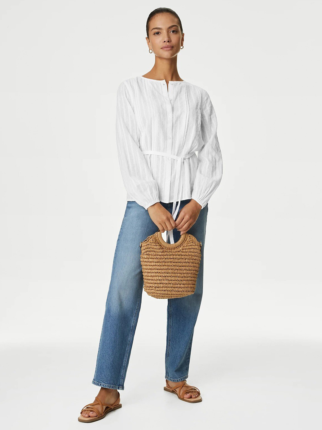 

Marks & Spencer Vertical Striped Cuffed Sleeves Pleated Detail Pure Cotton Shirt Style Top, White