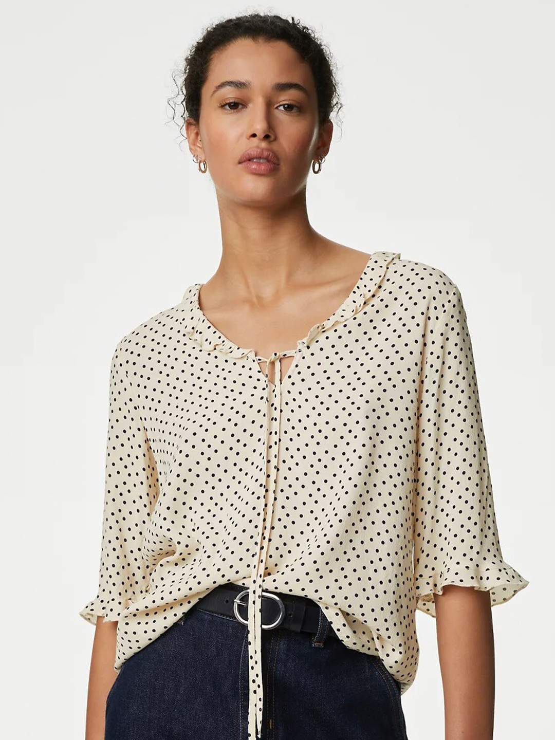 

Marks & Spencer Polka Dot Printed Tie-Up Sleeves Top, Off white
