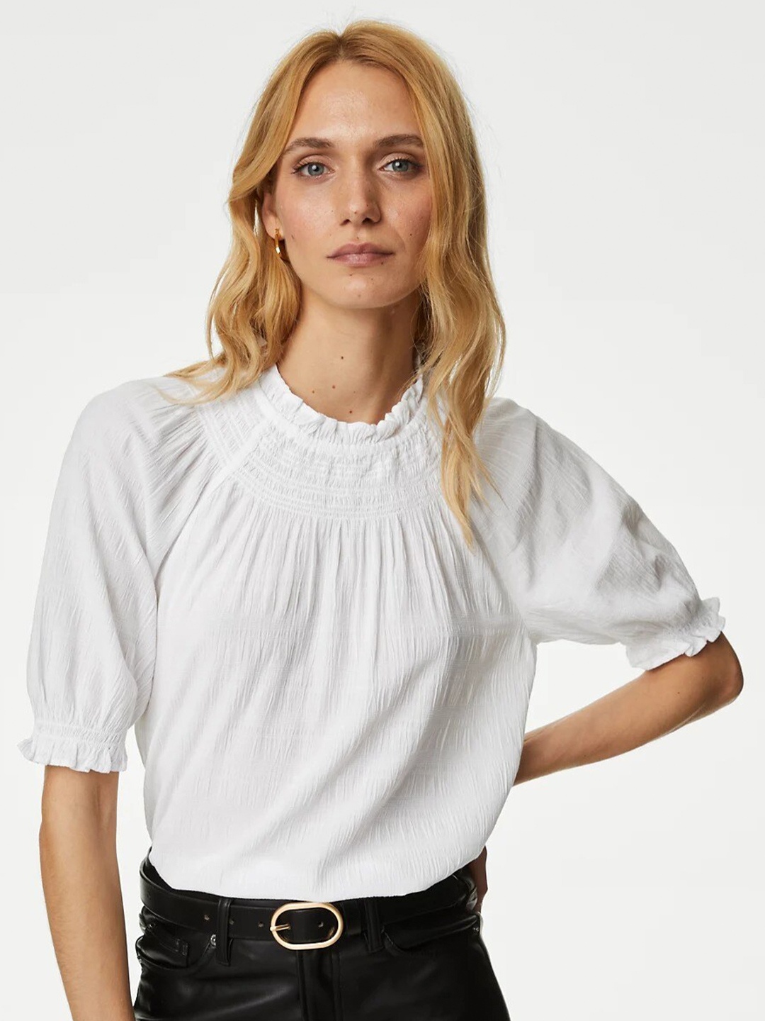 

Marks & Spencer Self Design High Neck Cuffed Sleeves Smocking Detail Top, White