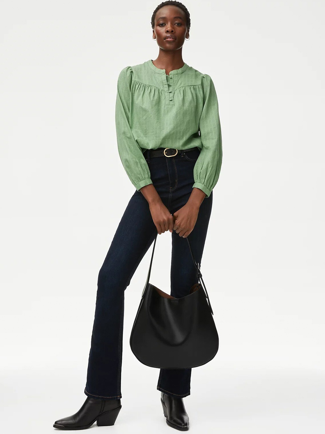 

Marks & Spencer Self Design Mandarin Collar Cuffed Sleeves Gathered Detail Top, Green
