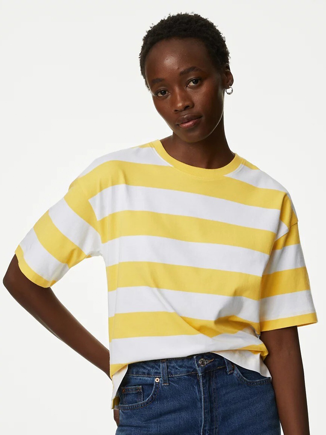 

Marks & Spencer Round Neck Striped Drop-Shoulder Sleeves Cotton T-shirt, Yellow