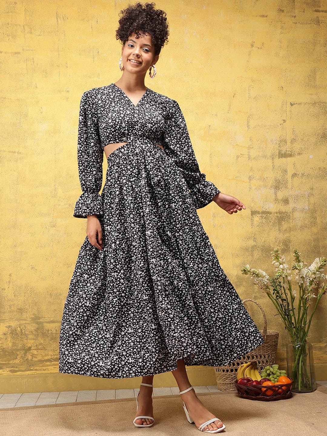 

KALINI Floral Printed Bell Sleeves Cut-Out Detailed Fit & Flare Midi Dress, Black