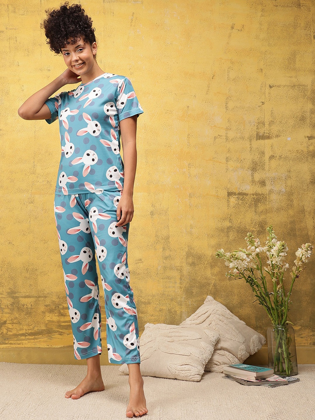 

KALINI Conversational Printed Short Sleeves Night Suit, Blue