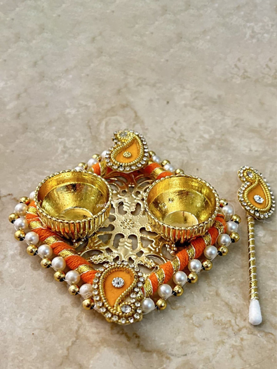 

PLAYFUL STITCHES Yellow & Orange-Colored Pooja Thali With Tilak Stick