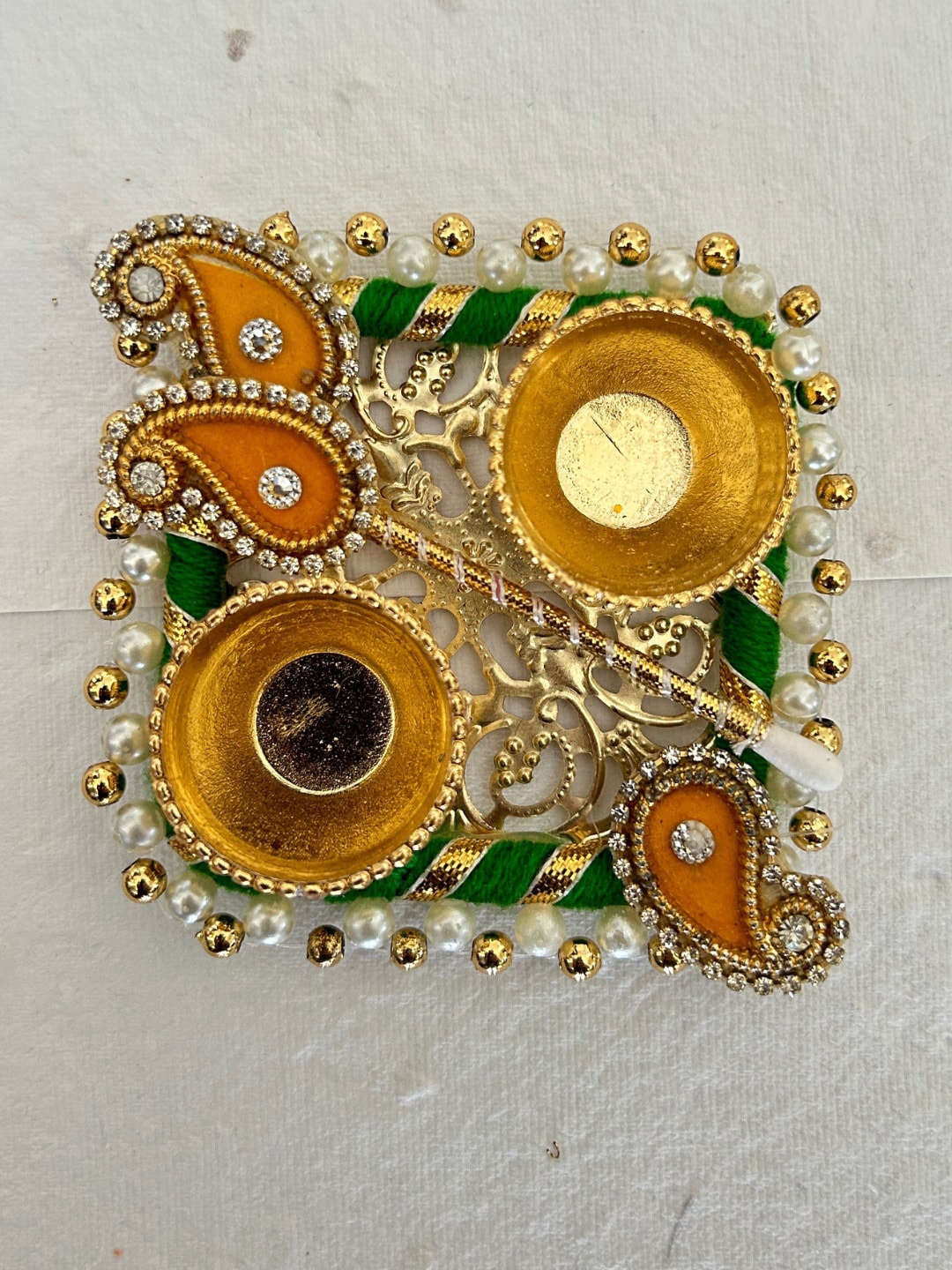 

PLAYFUL STITCHES Green & White Metal Pooja Thali With Tilak Stick, Gold