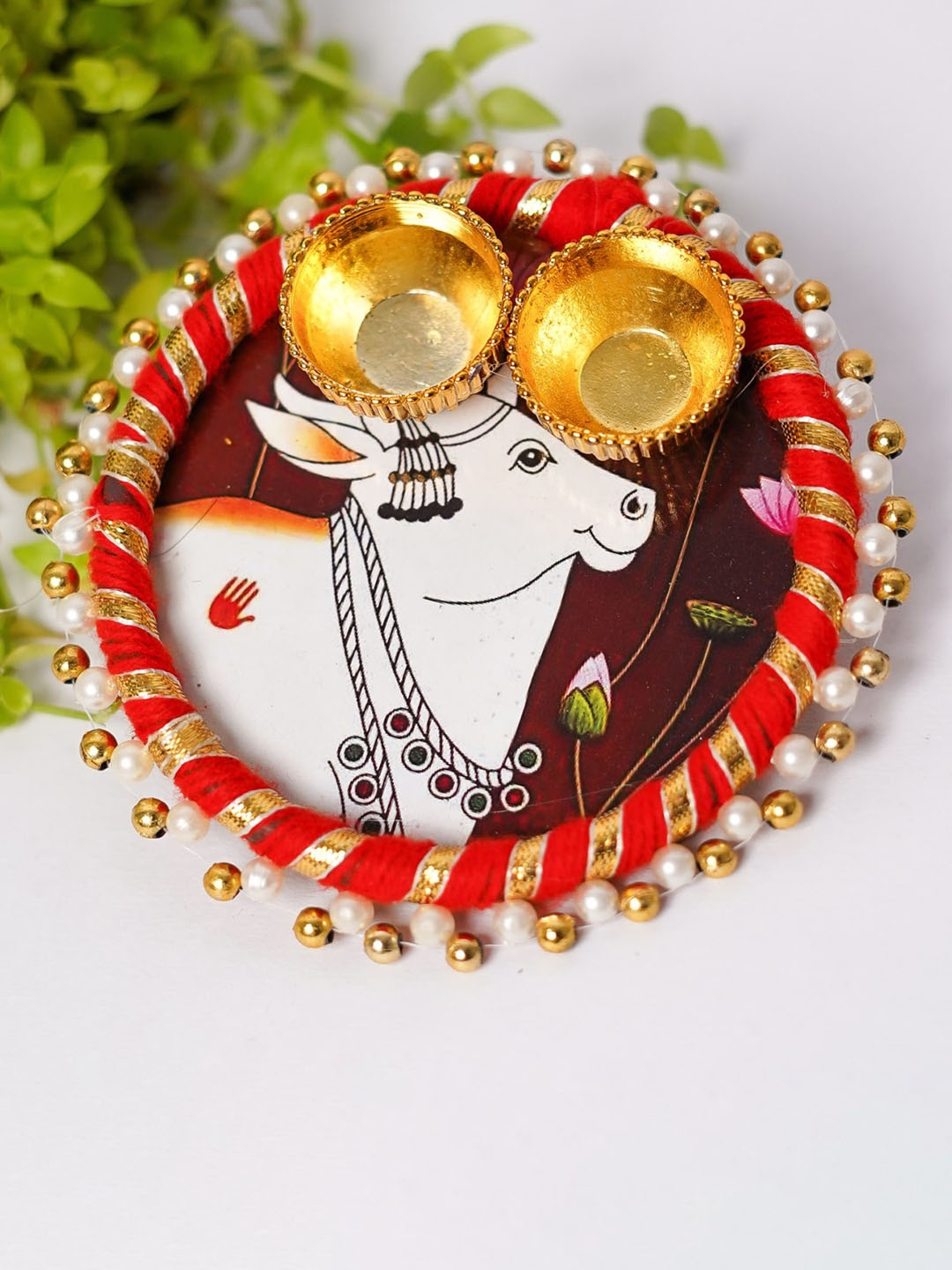 

PLAYFUL STITCHES Red & White Wooden Pooja Thali