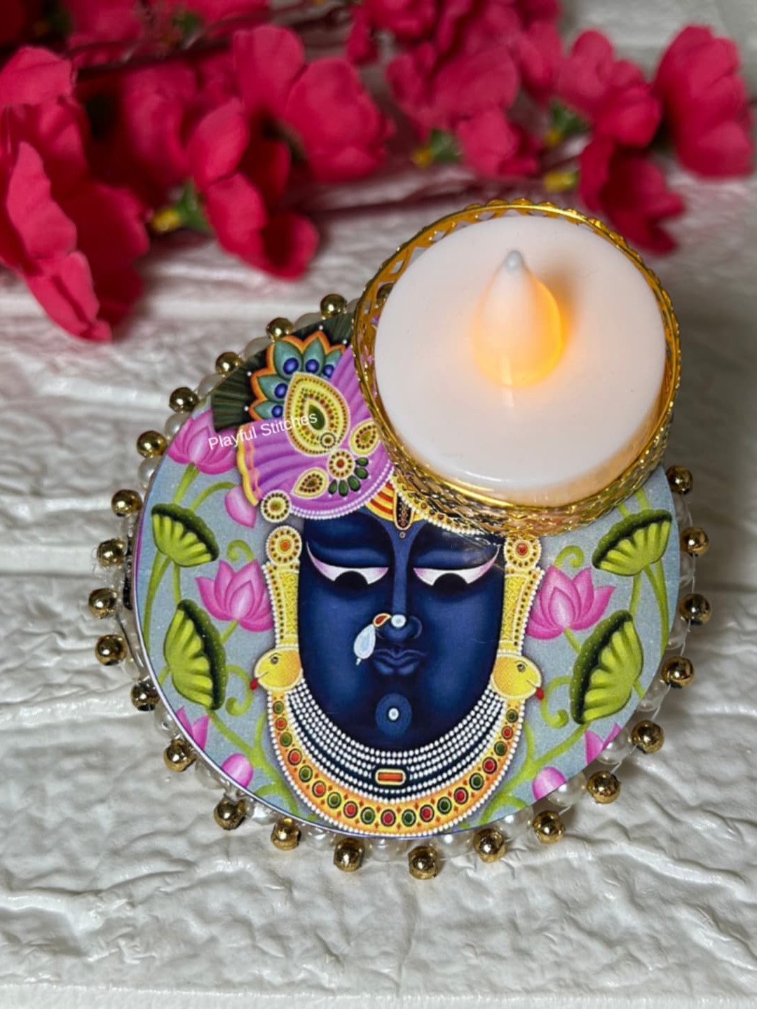 

PLAYFUL STITCHES Shrinathji T-light Candle Holder, Green