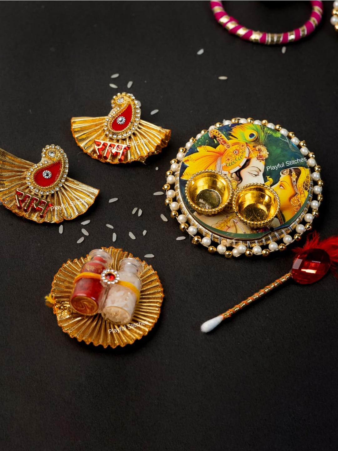 

PLAYFUL STITCHES Green & White Radha Krishna Wooden Pooja Thali Set