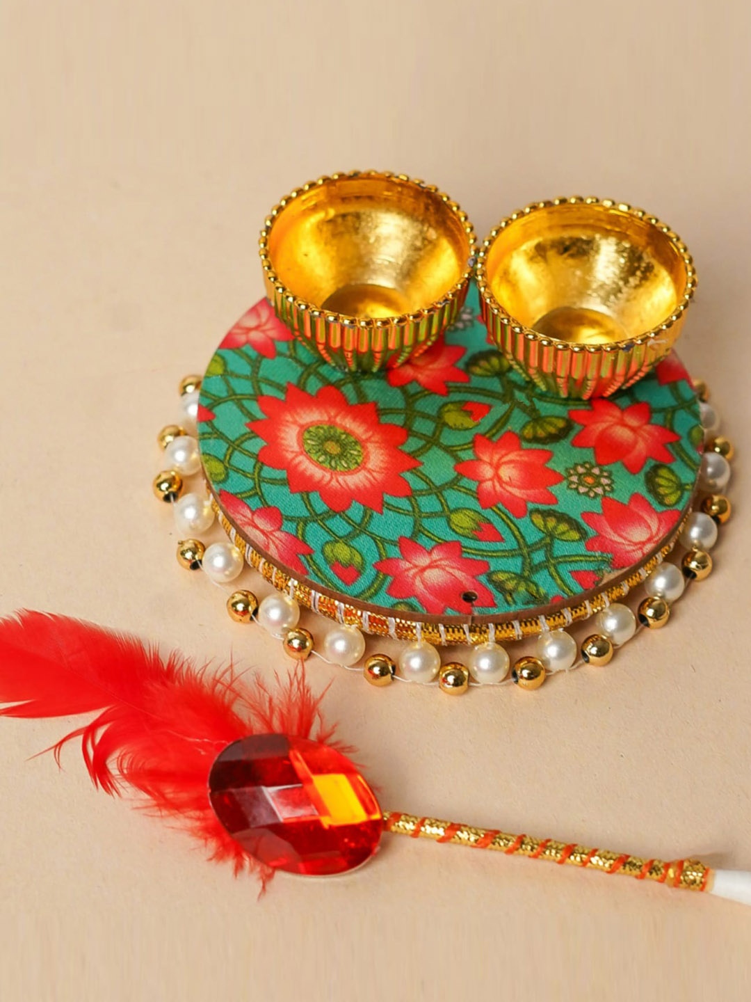 

PLAYFUL STITCHES Green & Pink Metal Pooja Thali with Tilak Stick