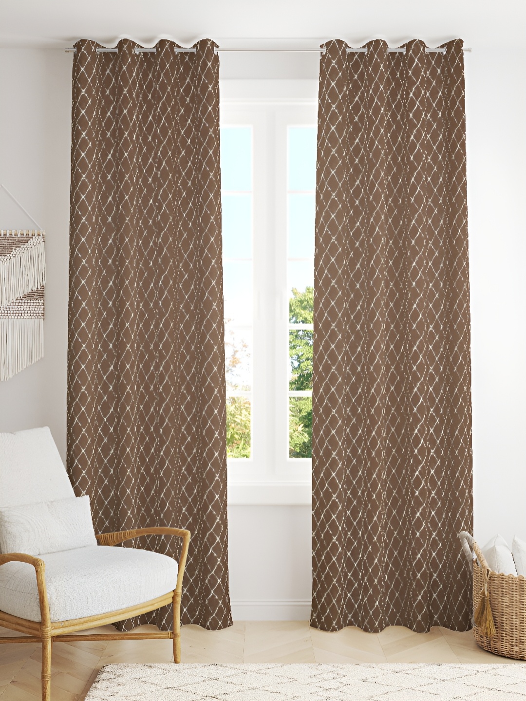 

Kraftiq Homes Bristol Brown & White 2 Pieces Embroidered Room Darkening Long Door Curtains