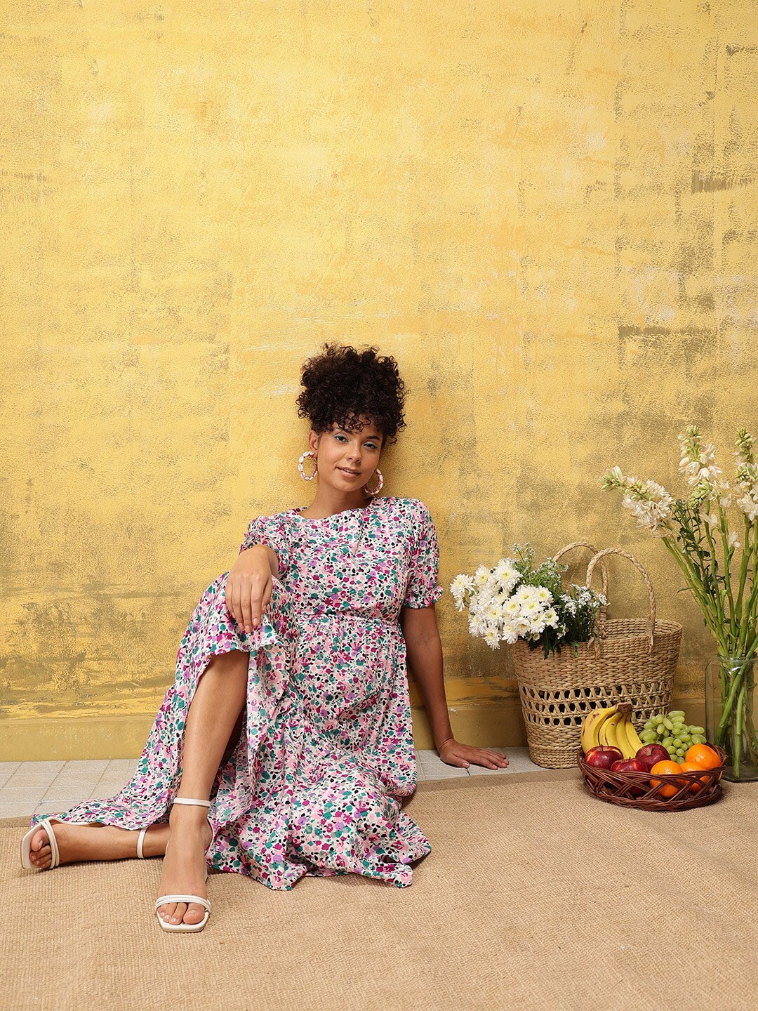 

KALINI Floral Printed Puff Sleeves Maxi Dress, White