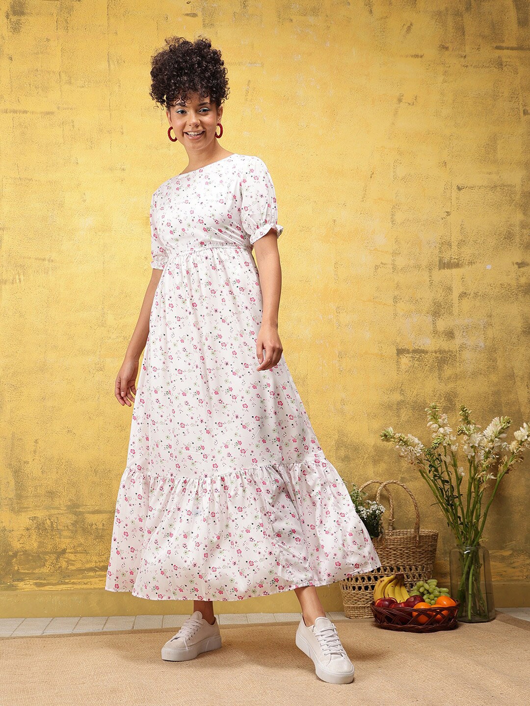 

KALINI Floral Print Puff Sleeve Crepe Maxi Dress, White