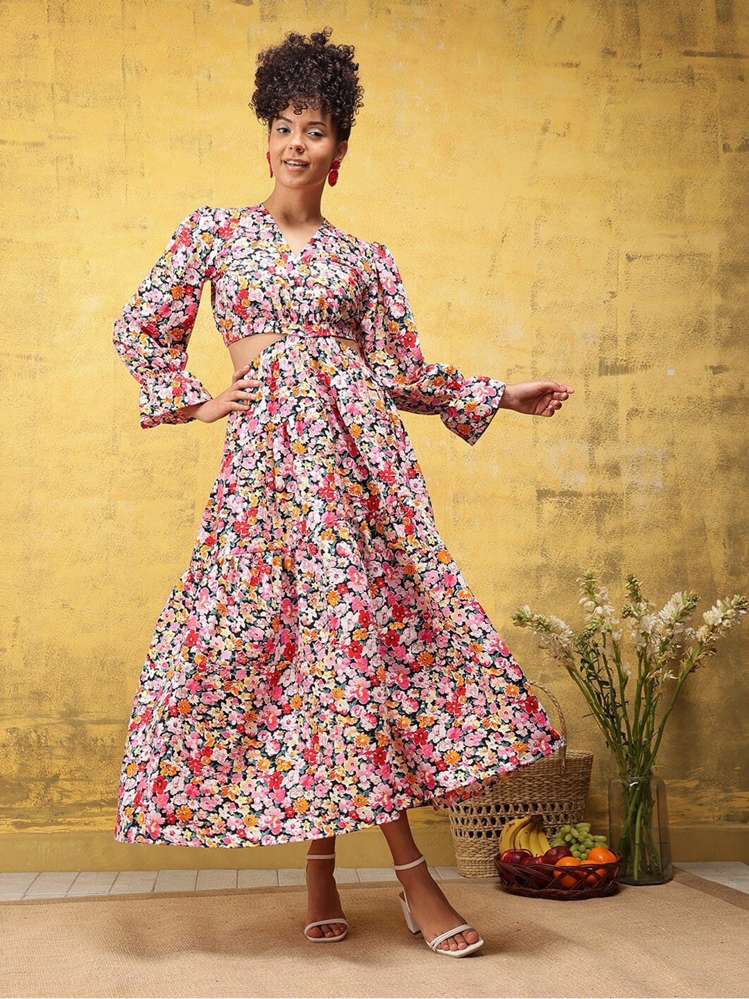 

KALINI Floral Printed V-Neck Bell Sleeve Cut-Outs Cotton Maxi Dress, Pink