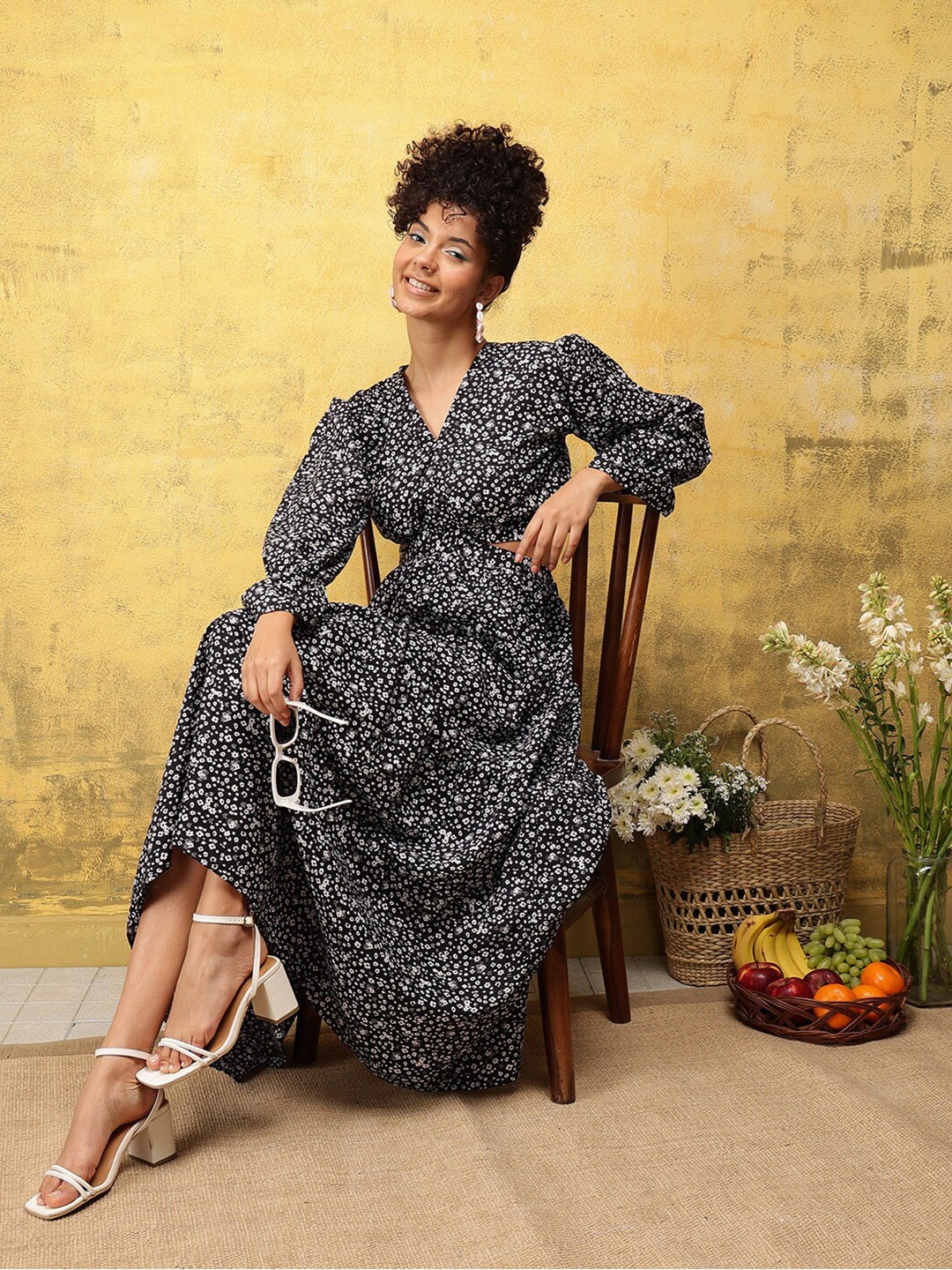 

KALINI Floral Printed Bell Sleeves Cut Outs Crepe A-Line Midi Dress, Black