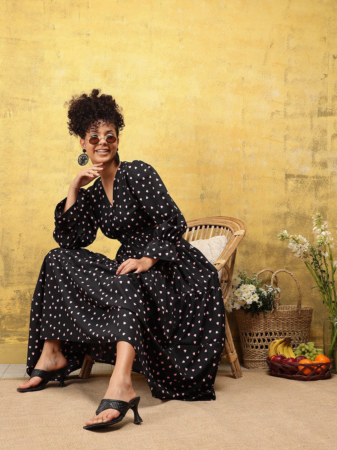 

KALINI Conversational Printed Bell Sleeves Cut Outs Crepe A-Line Dress, Black