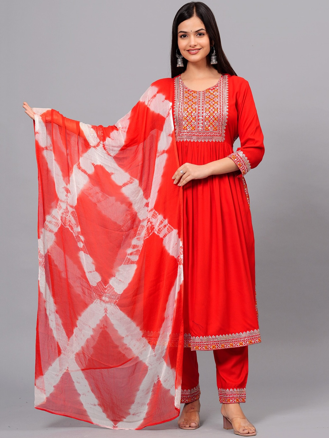 

NEW4U Ethnic Motifs Embroidered Sequined A-Line Kurta & Trousers With Dupatta, Red