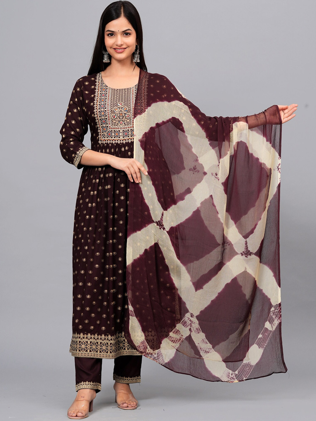 

NEW4U Ethnic Motifs Foil Printed Sequined A-Line Kurta & Trousers With Dupatta, Purple