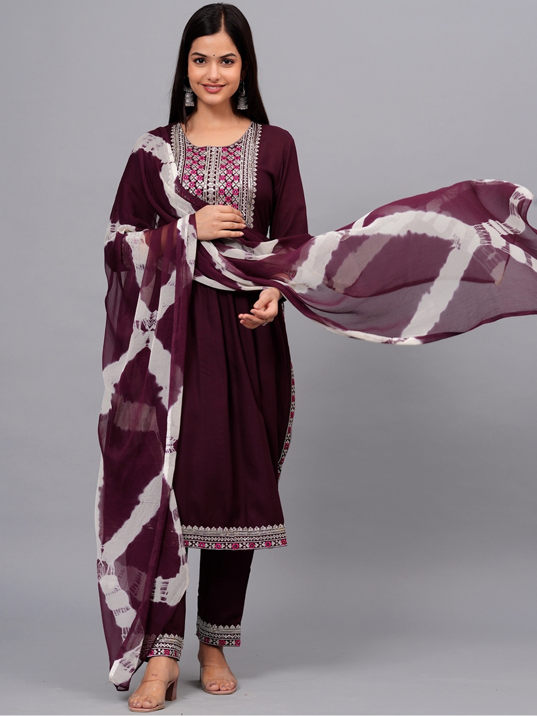 

NEW4U Ethnic Motifs Embroidered Sequined A-Line Kurta & Trousers With Dupatta, Purple