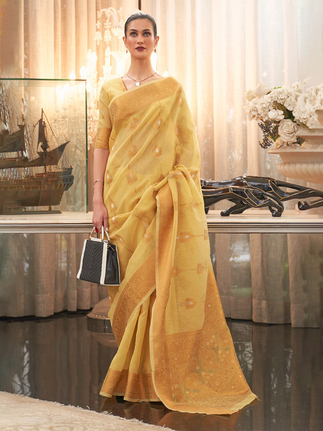 

DEVATITHI Ethnic Motifs Woven Design Saree, Mustard