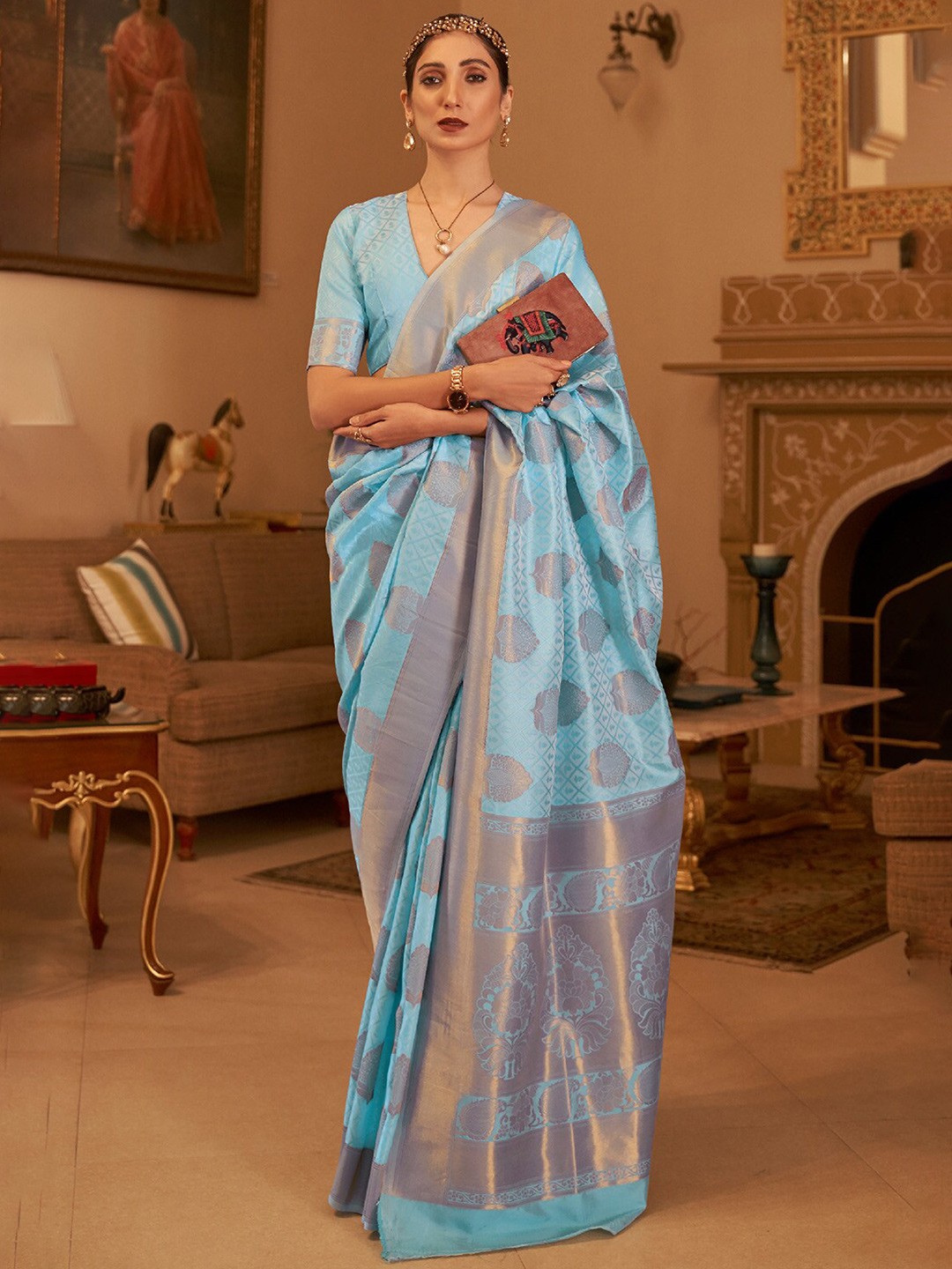 

DEVATITHI Ethnic Motifs Woven Design Banarasi Saree, Blue