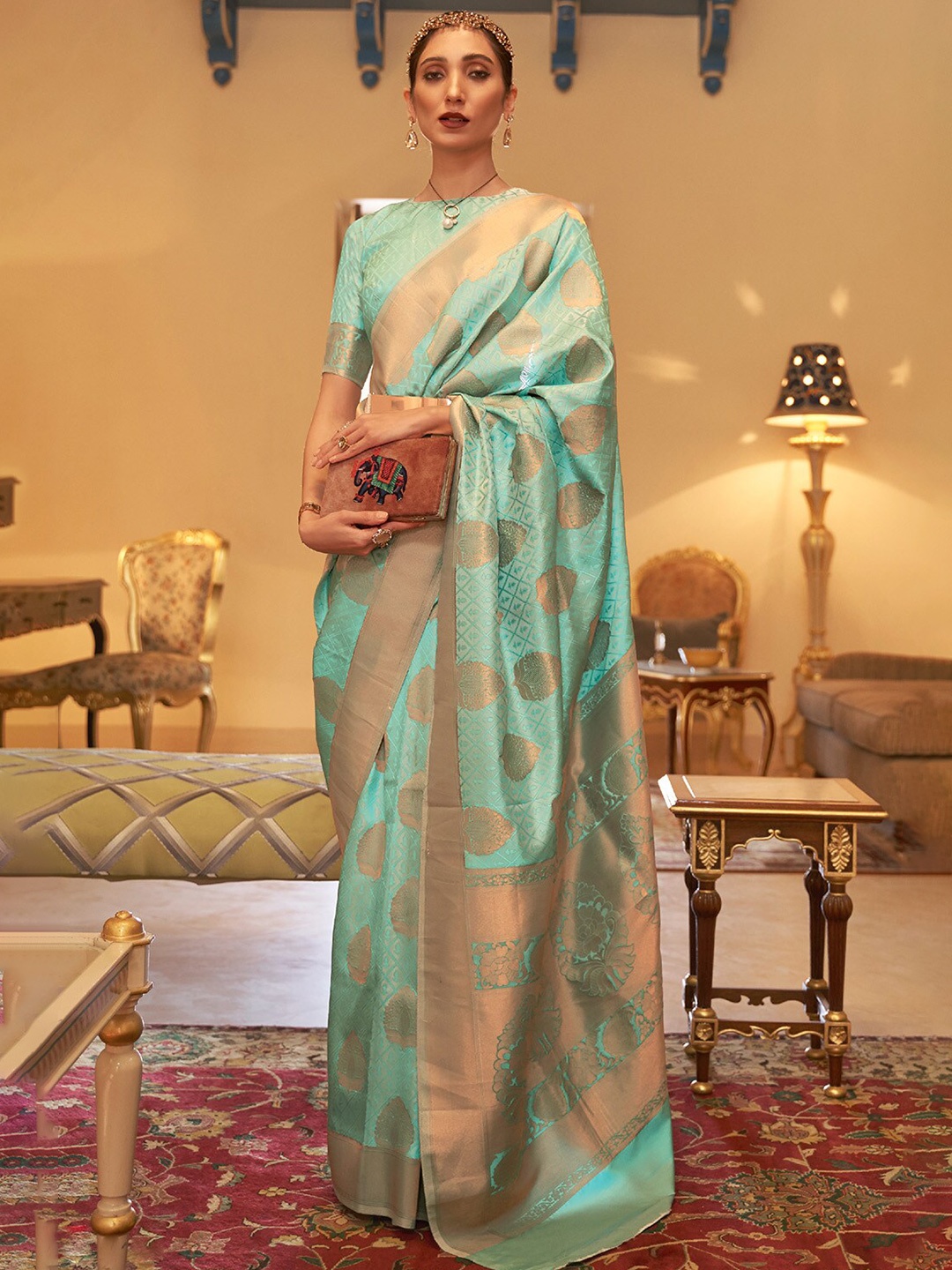 

DEVATITHI Woven Design Ethnic Motifs Zari Banarasi Saree, Blue