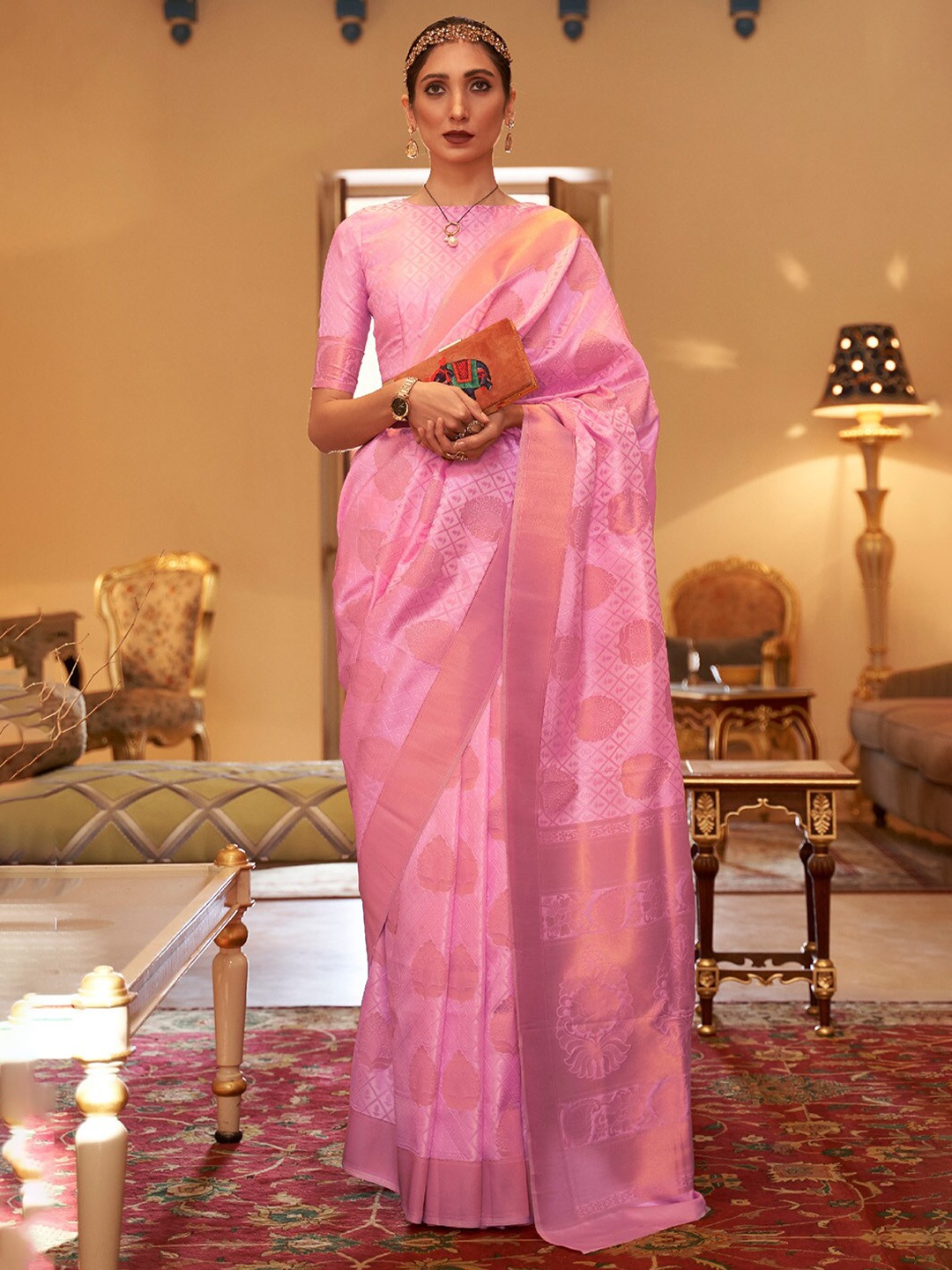 

DEVATITHI Ethnic Motifs Woven Design Banarasi Saree, Pink