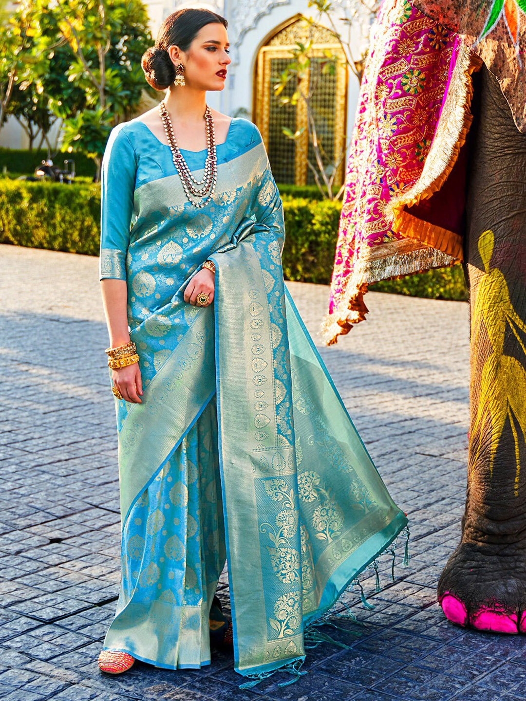 

DEVATITHI Ethnic Motifs Woven Design Kanjeevaram Saree, Blue