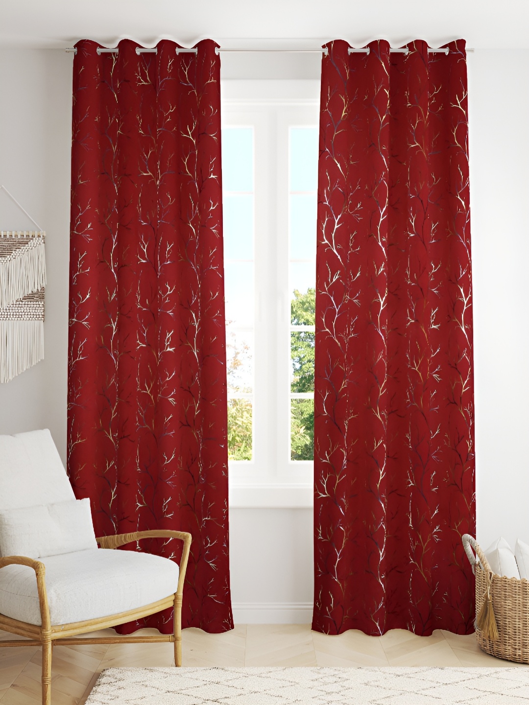 

Kraftiq Homes Maroon & Gold Toned 2 Pieces Foil Printed Black Out Door Curtains