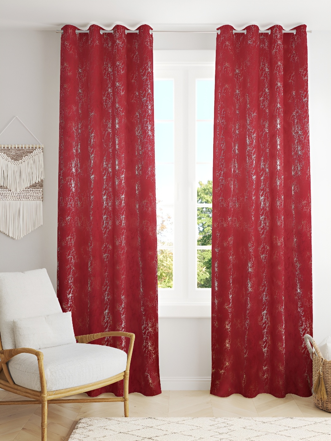 

Kraftiq Homes Maroon & Gold Toned 2 Pieces Foil Printed Black Out Window Curtains