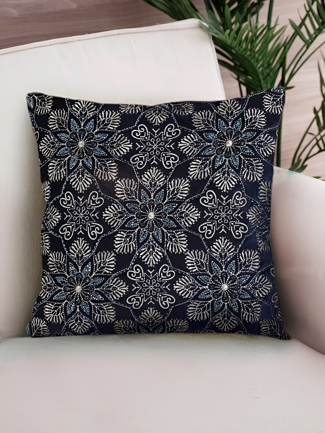 

NISRAG HOME Blue & Gold Toned Floral Velvet Square Cushion Cover