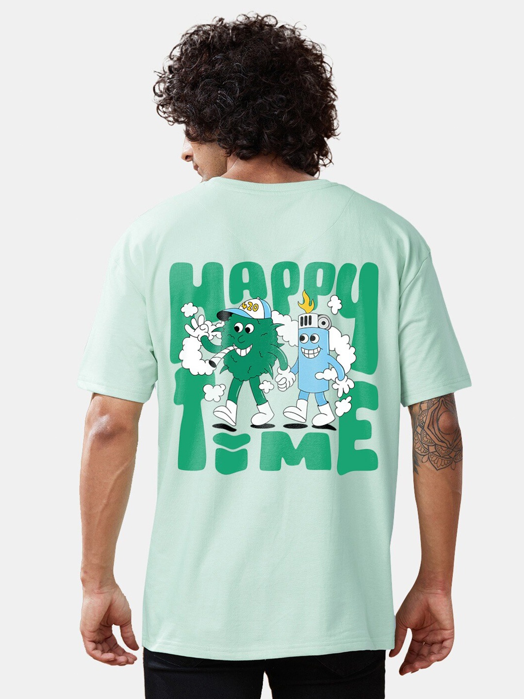 

Crazymonk Graphic Printed Drop-Shoulder Sleeves Cotton Oversized T-shirt, Green