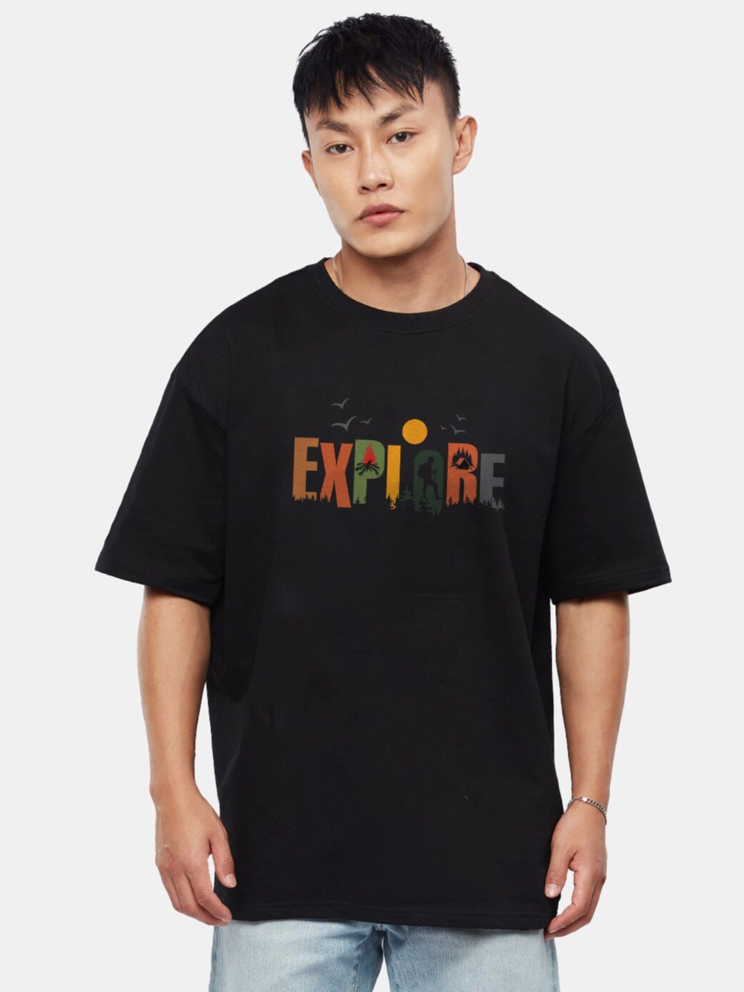 

Crazymonk Typography Printed Drop-Shoulder Sleeves Cotton Oversized T-shirt, Black