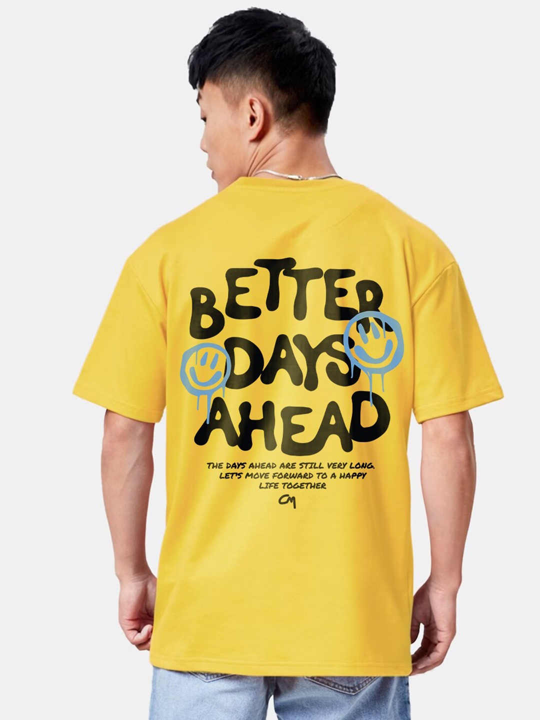 

Crazymonk Typography Printed Drop-Shoulder Sleeves Cotton Oversized T-shirt, Yellow
