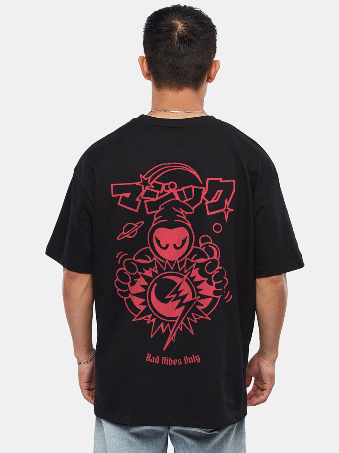

Crazymonk Graphic Printed Drop-Shoulder Sleeves Cotton Oversized T-shirt, Black