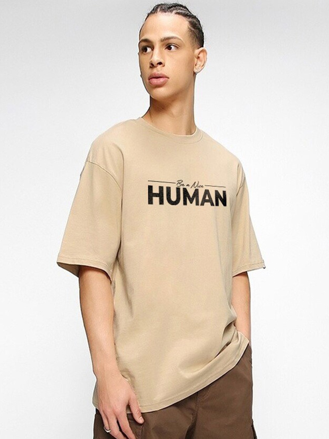 

Crazymonk Typography Printed Drop-Shoulder Sleeves Cotton Oversized T-shirt, Taupe