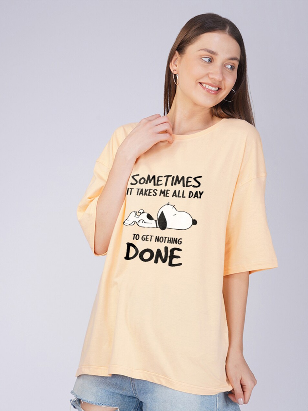 Crazymonk Snoopy Printed Drop-Shoulder Sleeves Cotton Oversized T-shirt, Orange