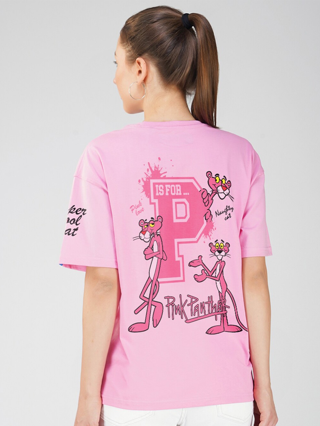 Crazymonk Pink Panther Printed Drop-Shoulder Sleeves Cotton Oversized T-shirt