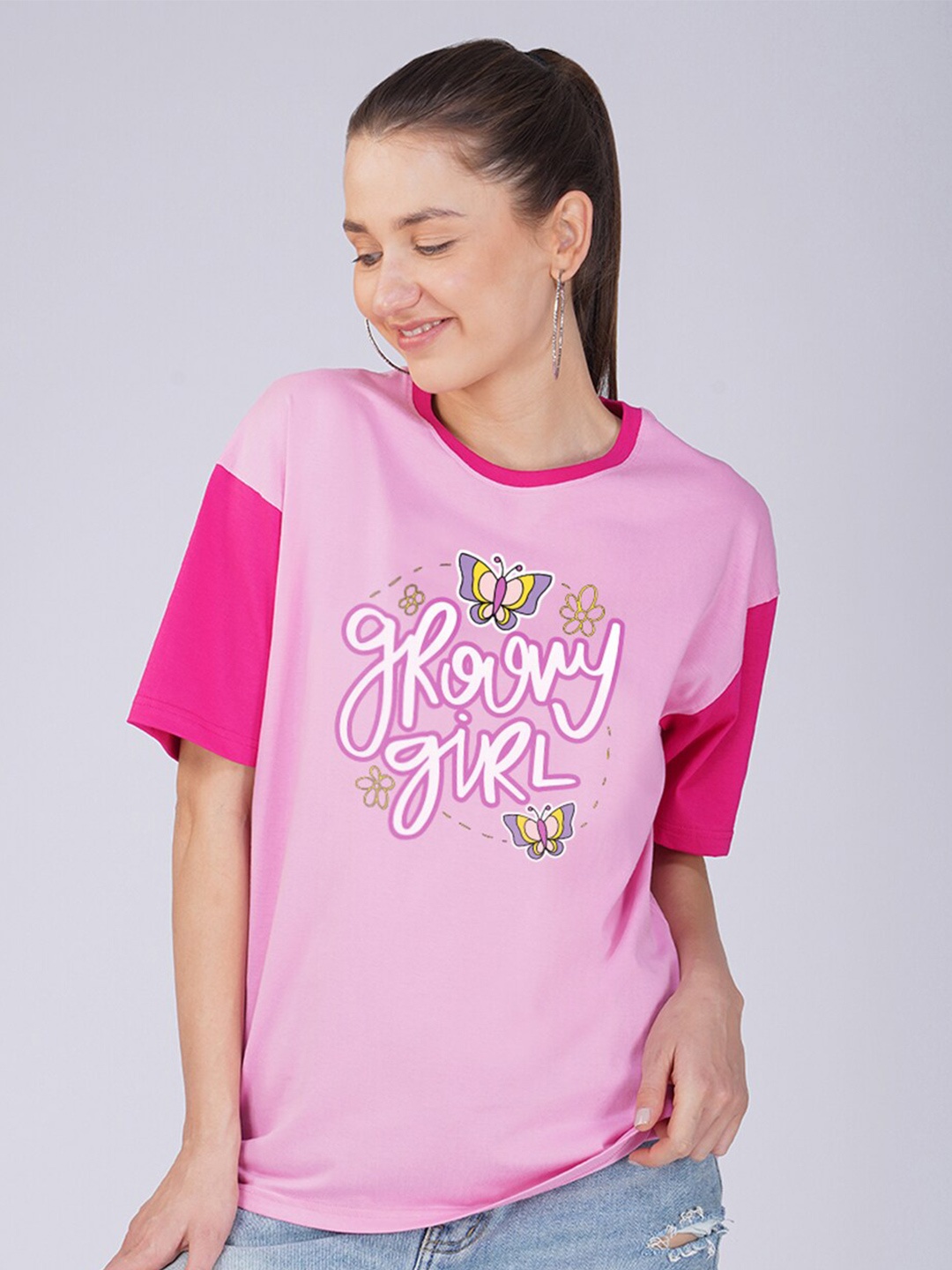 

Crazymonk Typography Printed Oversized Cotton T-shirt, Pink