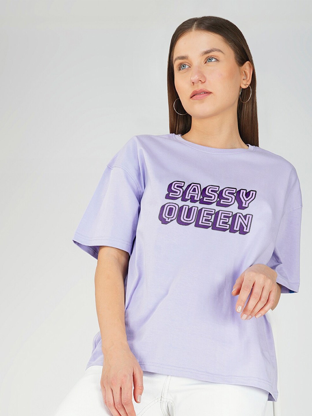 Crazymonk Typography Printed Drop-Shoulder Sleeves T-shirt, Purple